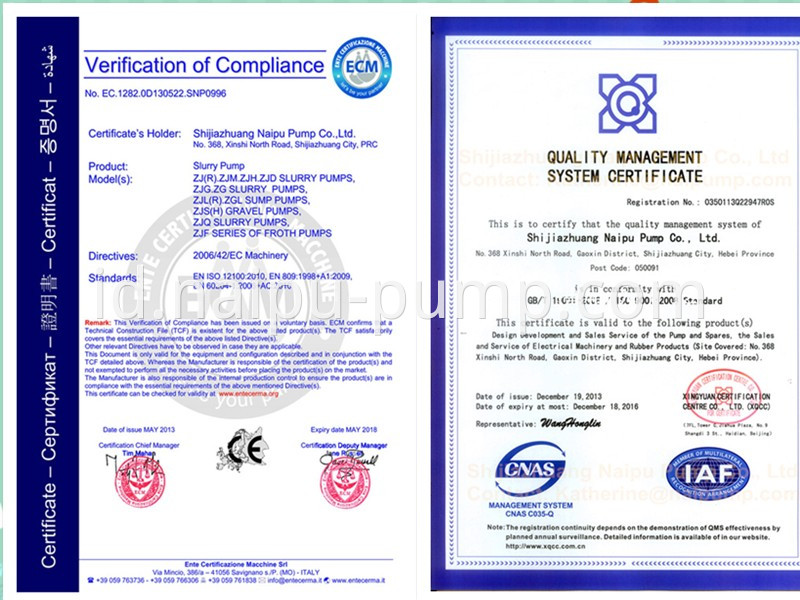 certification of AH rubber liners slurry pump